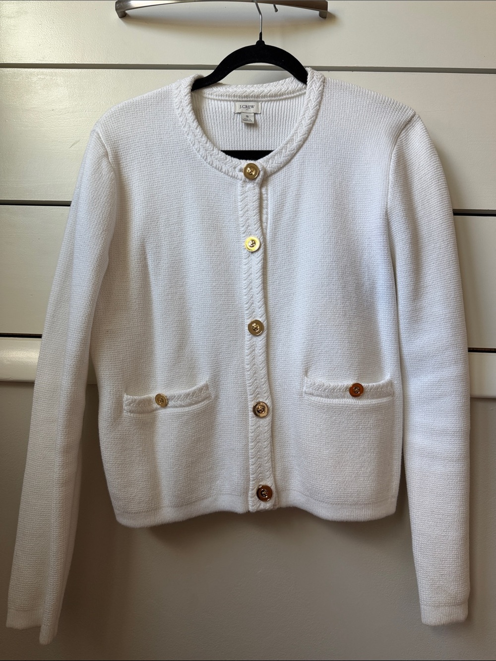 J. Crew White Knit Button-Front Cardigan with Gold Buttons